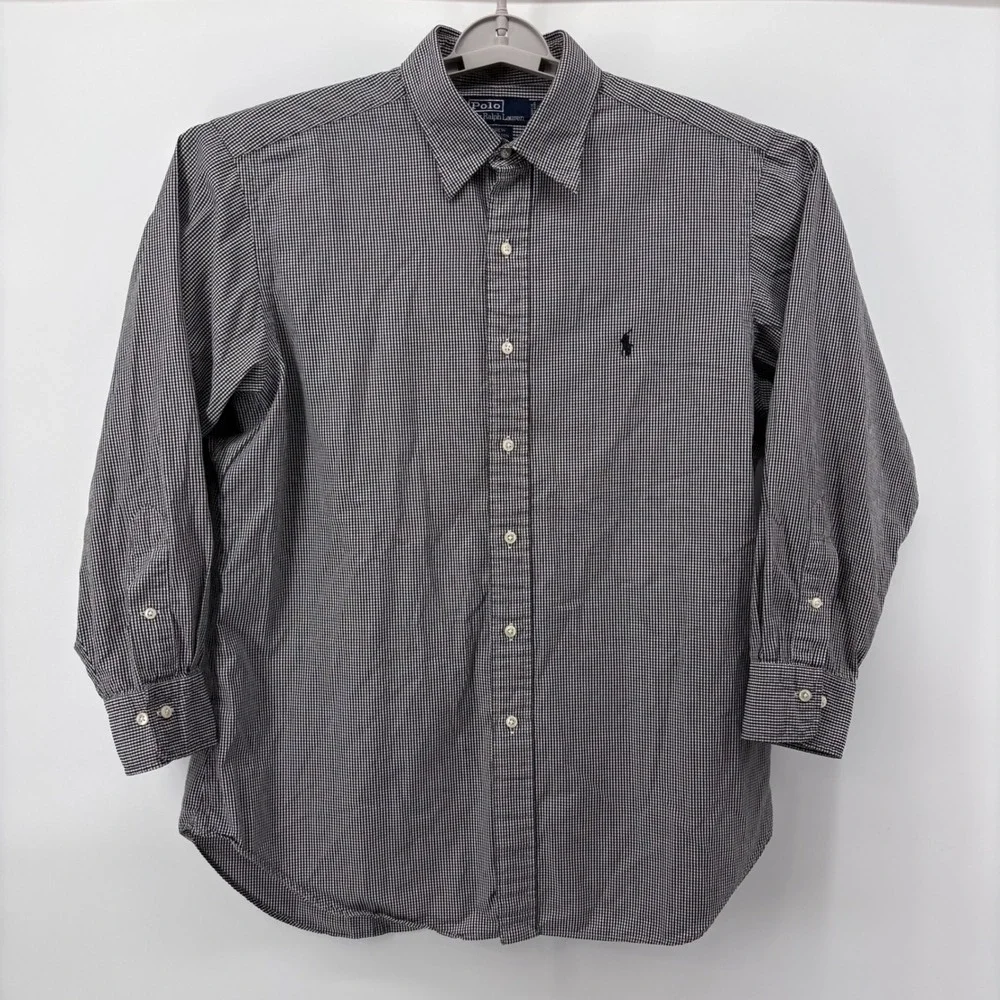 Polo Ralph Lauren Button Shirt Men L 16.5 32/33 Black White Gingham Check Preppy